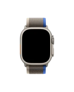Gray-Ink Blue Pull Tab Nylon Weave Apple Watch band fitted to an Apple Watch, shown on white — watch not included
