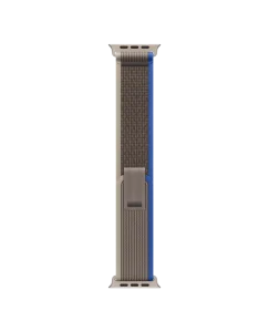 Gray-Ink Blue Pull Tab Nylon Weave Apple Watch band fitted to an Apple Watch, shown on white — watch not included