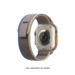 Gray-Ink Blue Pull Tab Nylon Weave Apple Watch band fitted to an Apple Watch, shown on white — watch not included