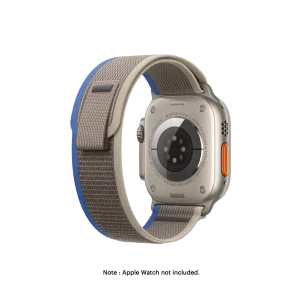 Gray-Ink Blue Pull Tab Nylon Weave Apple Watch band fitted to an Apple Watch, shown on white — watch not included