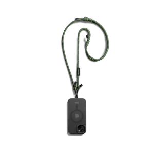 Green Crossbody Phone Lanyard - Cord attached to a black phone case, shown hanging against a white background