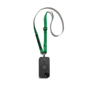 Green Crossbody Utility Phone Lanyard - Strap attached to a black phone case, shown hanging against a white background