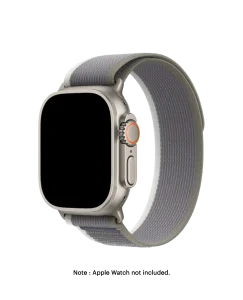 Green-Grey Pull Tab Nylon Weave Apple Watch band fitted to an Apple Watch, shown on white — watch not included