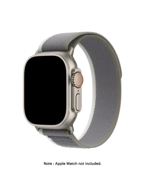 Green-Grey Pull Tab Nylon Weave Apple Watch band fitted to an Apple Watch, shown on white — watch not included