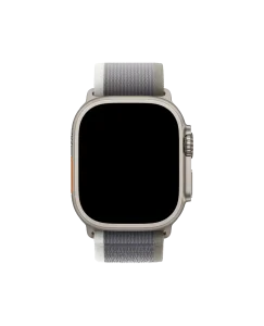 Green-Grey Pull Tab Nylon Weave Apple Watch band fitted to an Apple Watch, shown on white — watch not included