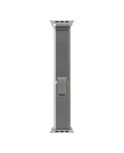 Green-Grey Pull Tab Nylon Weave Apple Watch band fitted to an Apple Watch, shown on white — watch not included