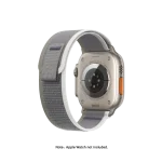 Green-Grey Pull Tab Nylon Weave Apple Watch band fitted to an Apple Watch, shown on white — watch not included