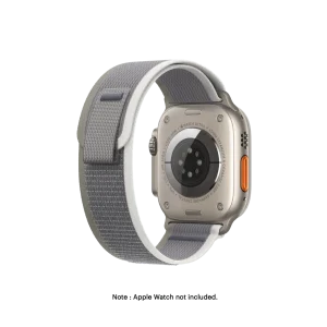 Green-Grey Pull Tab Nylon Weave Apple Watch band fitted to an Apple Watch, shown on white — watch not included