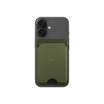 Green-Olive Leather MagSafe Card Wallet attached to the back of a black iPhone, shown on white