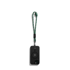 Green Wrist Lanyard - Cord attached to a black phone case, shown hanging against a white background
