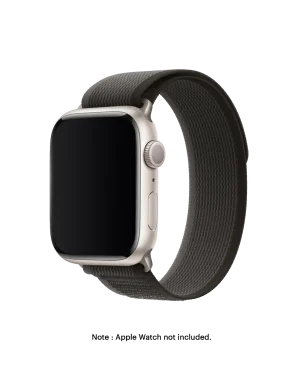Grey Pull Tab Nylon Weave Apple Watch band fitted to an Apple Watch, shown on white — watch not included
