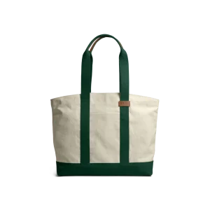Ivory-Forest Green Field Tote Bag — canvas tote with contrast webbing handles, shown on white