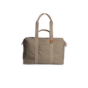 Khaki Beige Field Duffle Bag — canvas duffle with leather trim and twin handles, shown on white