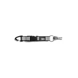 Light Grey Flint Keychain laid flat on white — webbing strap with a metal clip and D-ring