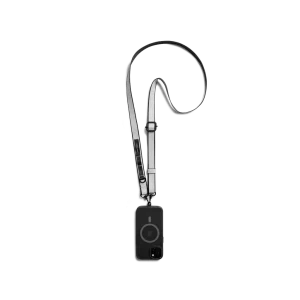 Light Grey Strobe Lanyards attached to a black phone case, shown hanging against a white background