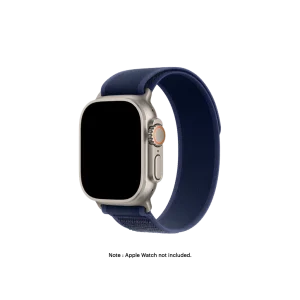 Midnight Blue Pull Tab Nylon Weave Apple Watch band fitted to an Apple Watch, shown on white — watch not included