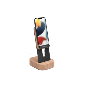 Mount Adjustable Phone Stand with a black arm and wood base holding a phone upright