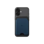 Navy Blue-Grey Leather MagSafe Card Wallet attached to the back of a black iPhone, shown on white
