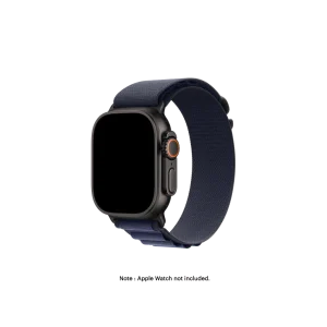 Navy Ridge Loop Apple Watch band fitted to an Apple Watch, shown on white — watch not included