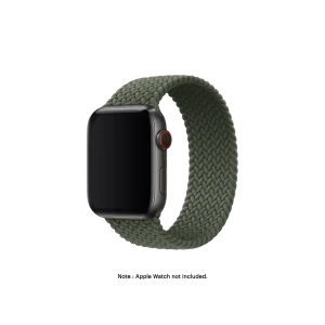 Olive Braided Solo Loop Apple Watch band fitted to an Apple Watch, shown on white — fits 42/44/45/49 mm cases, watch not included