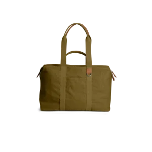 Olive Green Field Duffle Bag — canvas duffle with leather trim and twin handles, shown on white