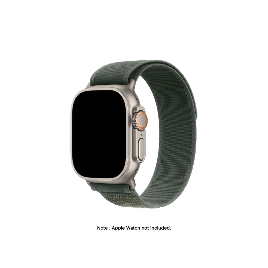 Olive-Green-Pull-Tab-Nylon-Weave-Apple-WatchBand Olive Green Pull Tab Nylon Weave Apple Watch band fitted to an Apple Watch, shown on white — watch not included
