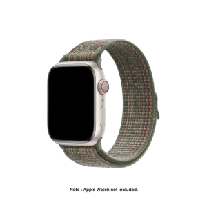 Olive-Orange Sports Loop Apple Watch band fitted to an Apple Watch, shown on white — watch not included