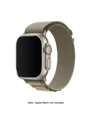 Olive Ridge Loop Apple Watch band fitted to an Apple Watch, shown on white — watch not included