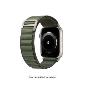 Green Ridge Loop Apple Watch band fitted to an Apple Watch, shown on white — watch not included