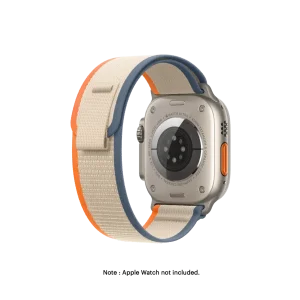 Orange-Beige Pull Tab Nylon Weave Apple Watch band fitted to an Apple Watch, shown on white — watch not included