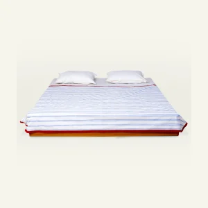 Dreamy Blue with Candy Red Muted Layers Dohar shown made up on a low wooden platform bed with two matching pillows