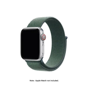 Pine Green Nylon Loop Apple Watch band fitted to an Apple Watch, shown on white — fits 38/40/41 mm cases, watch not included