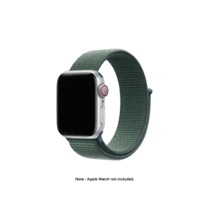 Pine Green Nylon Loop Apple Watch band fitted to an Apple Watch, shown on white — fits 42/44/45/46/49 mm cases, watch not included