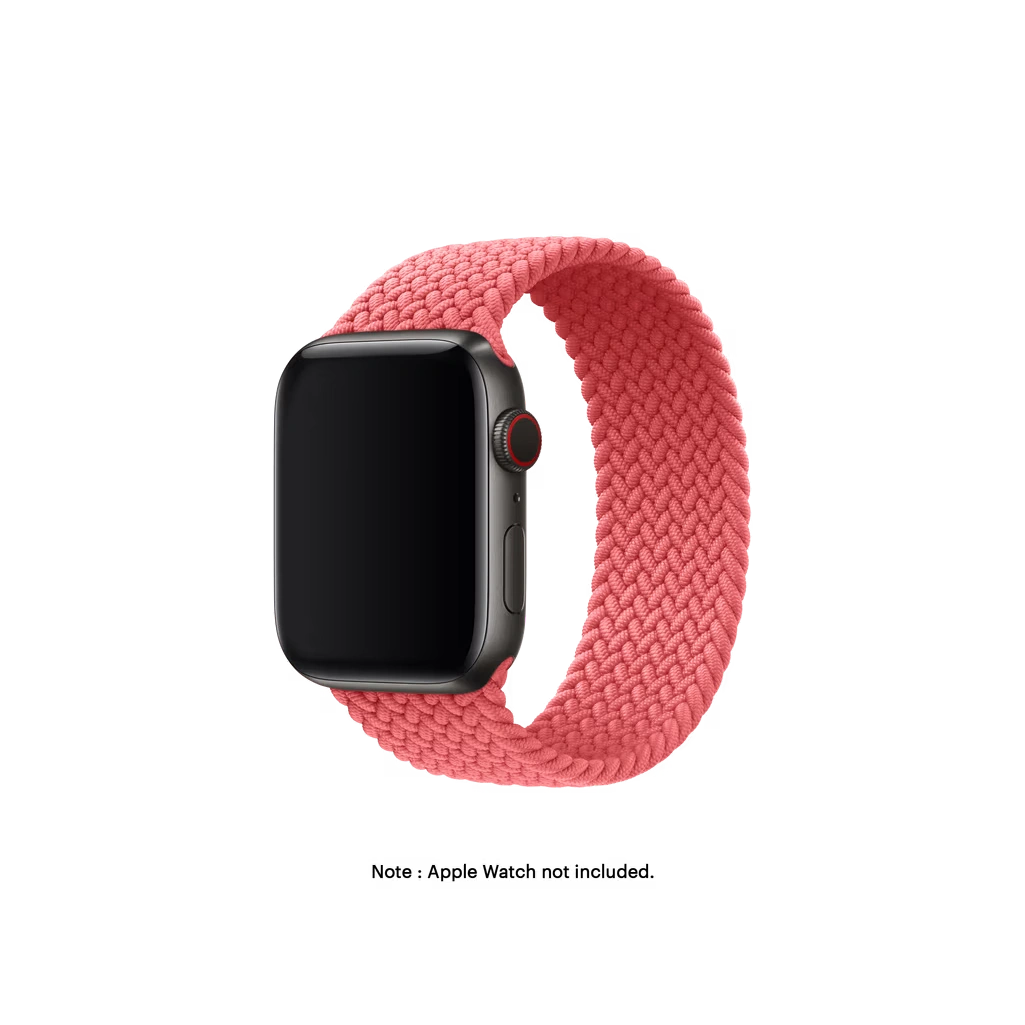 Pink-Braided-Solo-Loop-Apple-WatchBand-Vw Pink Braided Solo Loop Apple Watch band fitted to an Apple Watch, shown on white — fits 38/40/41 mm cases, watch not included