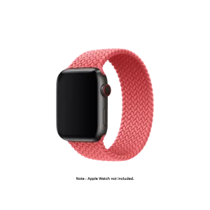 Pink Braided Solo Loop Apple Watch band fitted to an Apple Watch, shown on white — fits 42/44/45/49 mm cases, watch not included