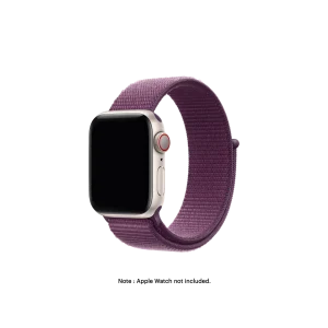 Plum Nylon Loop Apple Watch band fitted to an Apple Watch, shown on white — fits 42/44/45/46/49 mm cases, watch not included