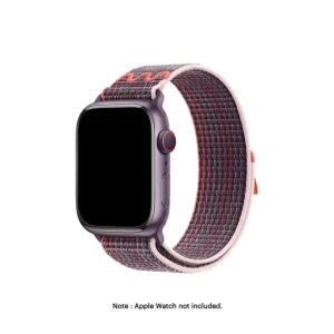 Plum-Orange Sports Loop Apple Watch band fitted to an Apple Watch, shown on white — watch not included