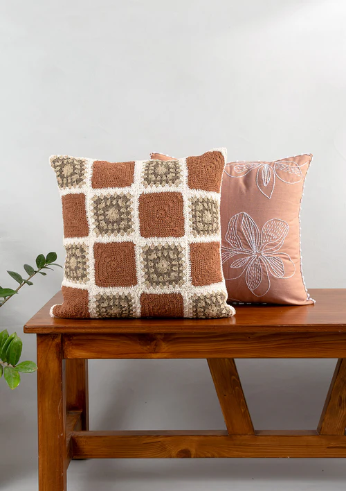 Yellow Dwelling Prism Crochet Geometric Fusion Cushion Cover 100% Cotton - Rust — view 6