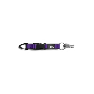 Purple Flint Keychain laid flat on white — webbing strap with a metal clip and D-ring