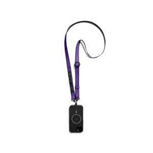 Purple Strobe Lanyards attached to a black phone case, shown hanging against a white background