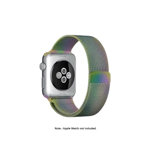 Rainbow Magnetic Milanese Loop Apple Watch band fitted to an Apple Watch, shown on white — fits 42/44/45/49 mm cases, watch not included