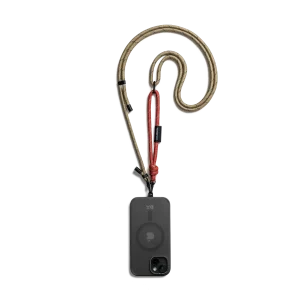 Red-Beige Crossbody Phone Lanyard - Cord attached to a black phone case, shown hanging against a white background