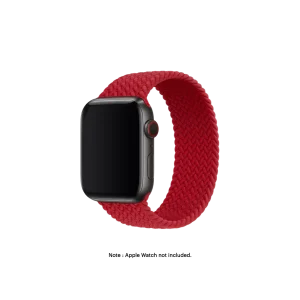 Red Braided Solo Loop Apple Watch band fitted to an Apple Watch, shown on white — fits 38/40/41 mm cases, watch not included