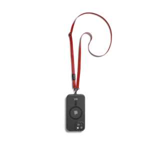 Red Leatherite Crossbody Phone Lanyard - Strap attached to a black phone case, shown hanging against a white background