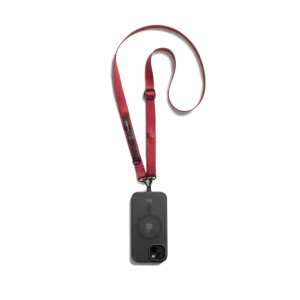 Red Crossbody Utility Phone Lanyard - Strap attached to a black phone case, shown hanging against a white background