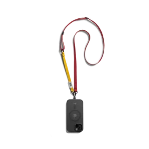 Red-Yellow Crossbody Phone Lanyard - Strap attached to a black phone case, shown hanging against a white background