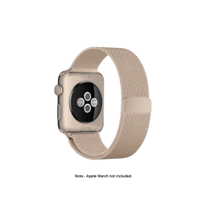 Rose Gold Magnetic Milanese Loop Apple Watch band fitted to an Apple Watch, shown on white — fits 38/40/41 mm cases, watch not included