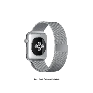 Silver Magnetic Milanese Loop Apple Watch band fitted to an Apple Watch, shown on white — fits 42/44/45/49 mm cases, watch not included