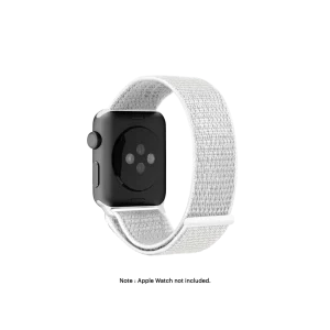 Silver Nylon Apple Watch band fitted to an Apple Watch, shown on white — fits 38/40/41 mm cases, watch not included