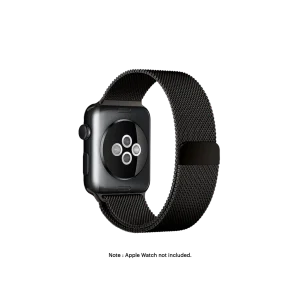 Space Black Magnetic Milanese Loop Apple Watch band fitted to an Apple Watch, shown on white — fits 38/40/41 mm cases, watch not included
